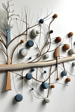 Abstract wall hanging with a mix of porcelain and wooden branches.
