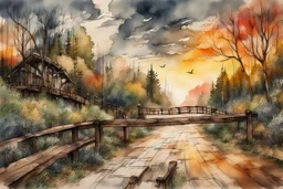 Urban sketch of a beautiful forest in ink and watercolor, storm clouds, full sunset, flowers, kurved path, old wood bridge, gull Modifiers: beautiful award winning