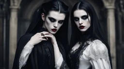 vampire goth fashion, women and men in pale face, black make up, black hair, long pointed dark nails, full body photo, Renaissance goth clothes style , High detailed, sharp focus, looking at the camera, cinematic, masterpiece, high realistic, fashion photo