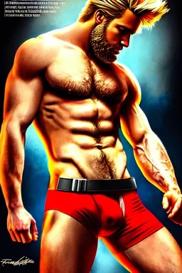 Ignore NSFW, teenager young rugged attractive slightly muscular fantasticly handsome blonde man, red briefs with yellow belt, hairy chest, (((visibly pisssing))) briefs, large erect visible boner peniss, photorealistic, artist Jay Anacleto, soft lighting, scruffy beard