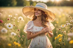 canon photo from a young woman, elegantly adorned in a summer hat and a summer dress stands in the center of a vast field. Her perfect face happy, a gentle smile playing on her lips as she feels the warm embrace of the sunshine and the tender kiss of a soft summer breeze. The meadow is a canvas of harmony with a dazzling array of wildflowers that dance and sway in the little wind. The blue sky and sunshine, high reality, detalied, photoreal, stunning