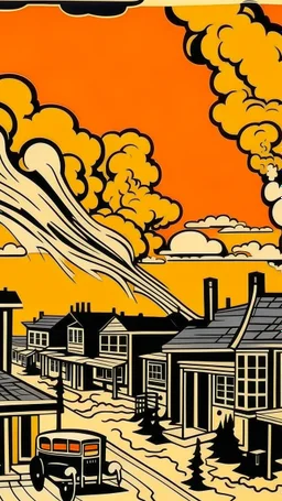 An orange western town covered in smoke painted by Roy Lichtenstein