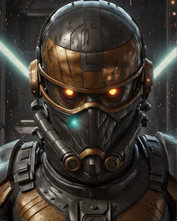 star wars bald male corellian pilot wearing pearlescent black and gunmetal grey First Order special forces heavy assault stealth commando armor and helmet with gold trim inside the jedi temple, hyperdetailed, dynamic lighting, hyperdetailed background, 8k resolution, volumetric lighting, light skin, fully symmetric details