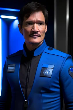 Pedro Pascal wearing a blue sci-fi space uniform