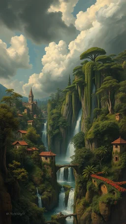 Bosch painting style, nightmare , the hanging gardens of Babylon, trees, houses , villages , building waterfalls , great quality picture with cinematic scenes , heavy clouds in the background