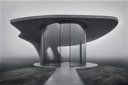 a surreal open glass gate in a glass wall with a view of a desolate landscape, fog, storm, greyscale, strong contrasts, by artist "Leonora Carrington",by artist "Zaha Hadid""