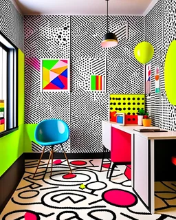 a room, memphis style, scattered, brightly colored shapes and lines, circles and triangles with black-and-white graphic patterns, polka dots and squiggly lines.