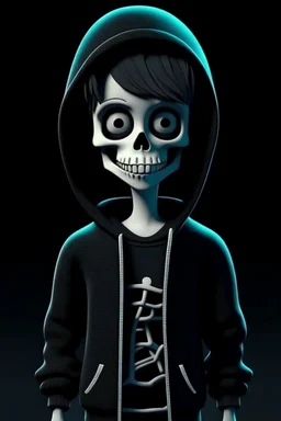 8k animation image of an attractive skeleton boy, dressed in trendy hoody, in the style of tim burton