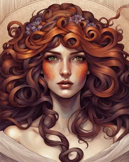 Tile hair, flaming lips, eyes seeking eternity, leader of the witch community, coppery tresses tumbled about her face, tremendous facial anatomy, meaningful beautiful brown eyes, wavy purplish hair, one third rule, trending on top of Art station, by Alphonse Mucha"