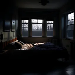 A dimly lit room with a comfortable bed and a big window