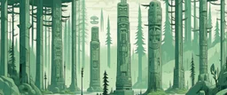 A light pale green forest with Pacific Northwest totem poles designed in ancient Egyptian hieroglyphics