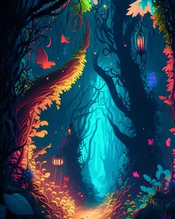 Enchanted forest with magical creatures, glowing plants, and mysterious pathways, in the style of Studio Ghibli, whimsical colors, ethereal atmosphere, detailed foliage, 4K resolution