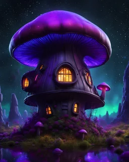 An illogical floating mushroom house on a clear moonless night. . Bright Bold Bright Colors, green blue purple black, Starry Dark cosmic interstellar. Detailed Matte Painting, deep color, fantastical, intricate detail, splash screen, hyperdetailed, insane depth, concept art, 8k resolution, trending on Artstation, Unreal Engine 5, color depth, backlit, splash art, dramatic, High Quality Whimsical Fun Imaginative Bubbly, perfect composition