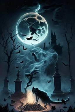 A black cat, running through smoke, in a graveyard, with a full moon in the background, and a witch casting a spell