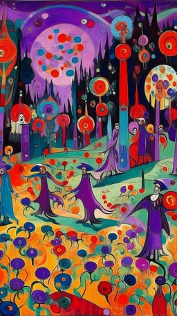 A purple graveyard with dancing ghosts painted by Wassily Kandinsky