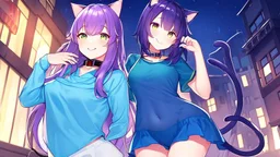 2Girl, purple hair, cat ears, cat tail, blue skirt, open navel, short green shirt, night in town ,with tongue out, collar on neck