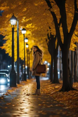 night yellow lights over the street trees autumn leaves under feet ,a Student adult girl with books in her hand walking in street looking to camera a boy walks after she few meters away her back