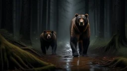 Cruce de Rottweiler y oso pardo en bosque oscuro lluvioso, presencia masiva, gotas de lluvia suspendidas, atmósfera intimidante