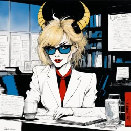 [in her dark office with a pervert smile, by Ralph Steadman] Name: Nancy Occupation: Mid-level Contract Demon at Infernal Affairs Inc. Features: Hair: blonde with a sauerkraut hairdo Skin: light Eyes: blue Build: athletic and curvy Extra Details: small horns