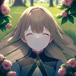 anime girl sleeping in a far away distance. field of flowers. trees are in the distance. girl is sleeping underneath a willow tree in the distance, picture is not upclose, looking at the girl who is far away in the distance