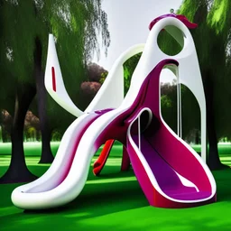 Parque infantil juegos columpios tobogán estilo Zaha Hadid obra de arte digital detallada color blanco crema y violeta rojo imperial impactante árboles verde profundo niños personas foto realista arte pop iluminación cinematografica 4k