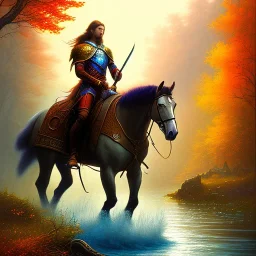  fantasy art, book illustration,portrait of a powerful druid on horse by a dam ,autumn water, colorful, evening