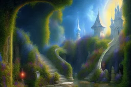 mystical long stairway up to heaven, beautiful colours, romanticism, fantasy, Neo-Impressionism, fine art