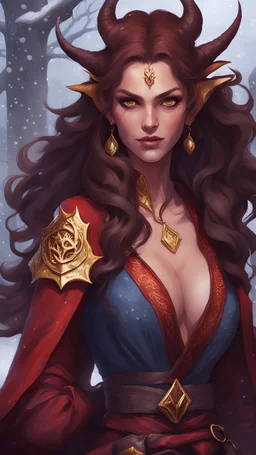 D&D, mage sorcerer, red skin, female tiefling, medieval winter outfit, beautiful woman, age 25,long cinder hair, gold dragon scales, big boobse