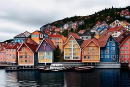 Colored pencil drawing, Very detailed, Realistic, Drawing of the colorfull houses in the city Bergen in Norway. Colorfull, professional, realistic, detailed, ultra HD