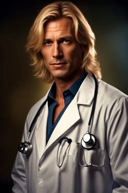 Portrait of a 40 year old handsome blonde male doctor with shoulder length hair, photorealistic, fantasy