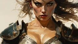 portrait of a Woman Warrior, angry, hand Fist :: Robert McGinnis + Jeremy Mann + Karn Griffiths, clear contours, clear lines, detail, fine rendering, high resolution, 64K, photorealism, precise focus,