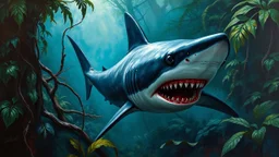 A menacing shark lurks in the shadows of a desolate jungle, its sleek form a stark contrast to the tangled foliage around it. With razor-sharp teeth gleaming and powerful muscles rippling beneath its dark skin, the predator fixates on an unseen prey. This vivid and captivating scene is depicted in a stunningly detailed oil painting, expertly capturing the intensity of the moment. The artist's intricate brushwork brings the jungle and its dangerous inhabitant to life, creating a visceral experien