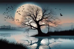 Illustration of a lonely dark tree with barren branches stands on a water's edge, reflected in the water, fog, crows on the sky, mystical landscape, sinister mood, line art