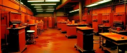 A dark orange color factory filled with machines painted by Andy Warhol