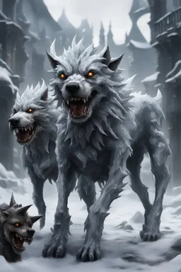 frost hellhound with five heads in ruins of medival town