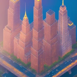 isometric architecture illustration of new york at sunset tilt shit cinematic