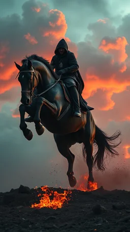 A black hooded with cane horse , man on a black wild horse jumping on fire ,red clouds in the sky with storm and cinematic scene 4k