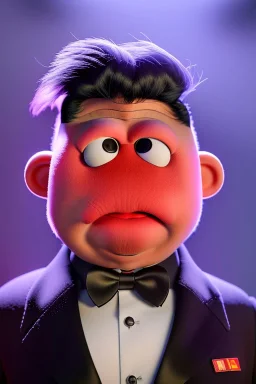 Waist up muppet Portrait, Kim Jong-un muppet doll, black suit, photo studio, red background, unreal engine 5, concept art, art station, god lights, ray tracing, RTX, lumen lighting, ultra detail, volumetric lighting, 3d.