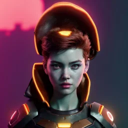 Pretty cyber woman, red short hair, sci-fi, rounded face, black, gold, brown, samurai style, retro, simetric, neon style, a lot of led lights, fog, rain, leather coat, vibrant color, highly detailed, art stations, concept art, smooth, unreal engine 5, god rays, ray tracing, RTX, lumen lighting, ultra detail, volumetric lighting, 3d, finely drawn, high definition, high resolution.