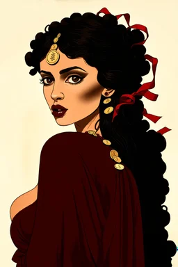 striking Romani woman with smoldering, kohl-rimmed brown eyes that seem to hold centuries of untold stories, her gaze both melancholic and magnetic. Her full lips part slightly as if whispering a half-remembered incantation, while a cascade of wild, raven-black curls tumbles over one shoulder, entwined with gold coins and crimson ribbons. The muted palette—burnt ochre, deep plum, and shadowy sepia—evokes Gustav Klimt’s gilded eroticism, but with Aubrey Beardsley’s sinuous, ink-like precision in