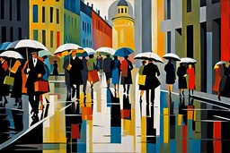 hustle and bustle in rain in Berlin 1925; impasto painting in Bauhaus style, cinematic, dramatic, dynamic, ((great verticals)), ((great parallels)), amazing reflections, excellent shadows, perfect translucency, sharp shadows, (wild contrasts), (vivid bold colors)