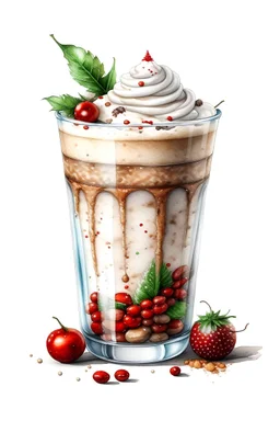 Christmas protein shake, hyper realistic watercolor painting, clip art white background, crisp details, 4K, high quality,, product