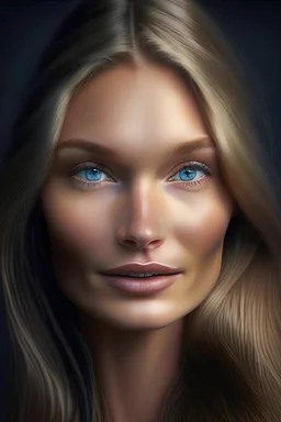 The most beautiful girl on the world 40 year old, dark blond long hair, dark blue eyes, delicate, narrow dark blond eye brows, small nose, wide lips. Cheek dimples. Chin not protruding forward.