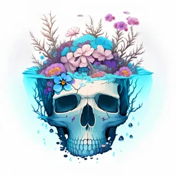 a human skull with flowers around and between its bones at the bottom of the sea, with some small animal next to it, no background color, anime style, front view, semi realistic