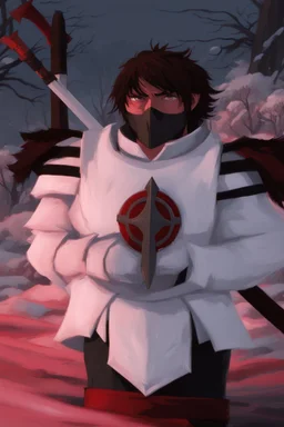 The character, depicted in a striking white armour against a wintry backdrop stands with his hands behind his back inside the scene, he has a red and black circular symbol on his chest like a shield, a black pointed spear with a red handle on his back, His eyes are showing a dynamic expression and he wears a black oni mask with white teeth covering the bottom part of his mouth he has brown shoulder pads and a white belt with a bag attached to it. He has dark brown hair, he does not wear a helmet