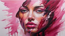 Hyper Realistic acrylic-abstract-painting-of-half-faced-empowered-woman with pink-&-maroon-brush-strokes background.