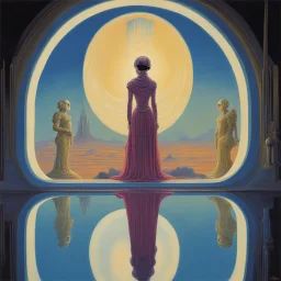 [art by Angus McKie] the reflection in the mirror is not her