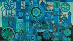 A cyan electrical factory with gears designed in German folk art painted by Wassily Kandinsky