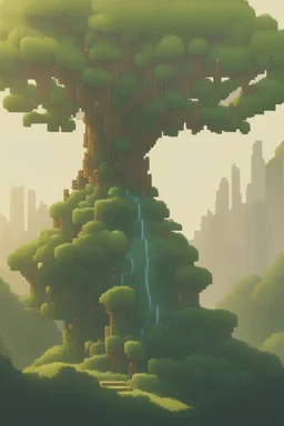 a pixel tree that sprouts in the shape of a goddess