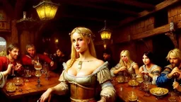 fullbody portrait 'beautiful face blonde massiveboobs medieval wench on tavern in medieval city',painting by gaston bussiere, greg rutkowski, yoji shinkawa, yoshitaka amano, tsutomu nihei, donato giancola, tim hildebrandt, oil on canvas, cinematic composition,sharp image, extreme detail,((fit full head inside picture)),32k